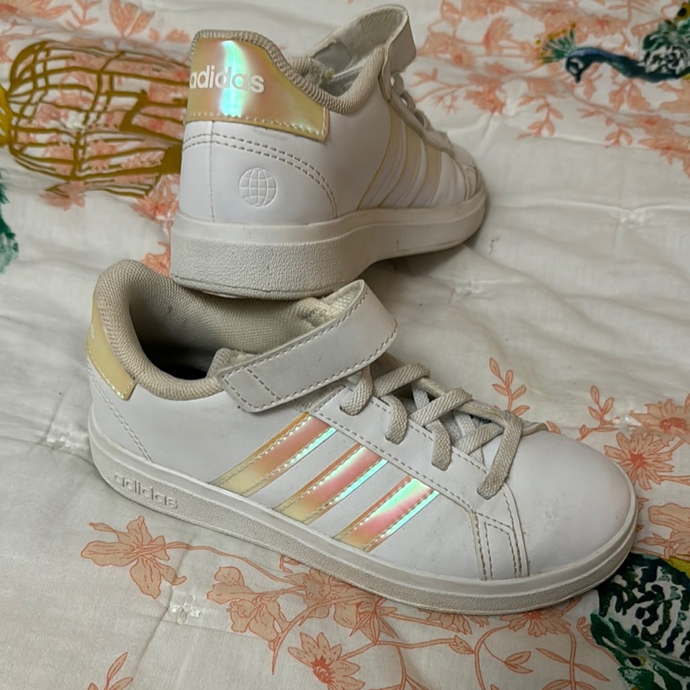 Adidas Kids White Sneakers with Iridescent Stripes